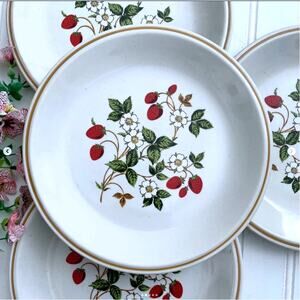 Vintage 1970s Strawberries ’n Cream Stoneware Salad Plates Luncheon Japan Set x4
